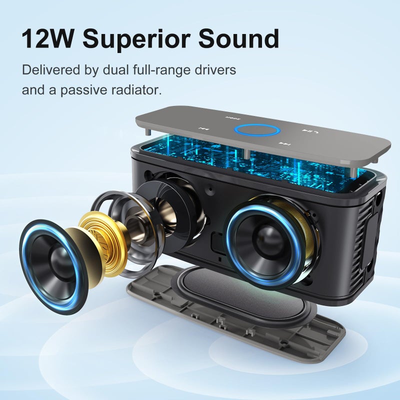 DOSS SoundBox Touch Wireless Bluetooth Speaker-12W HD Sound with Rich Bass, IPX5 Waterproof, 20H Playtime, Handsfree, for Gatherings, Home, Office, Outdoor, Travel-Grey - Image 2